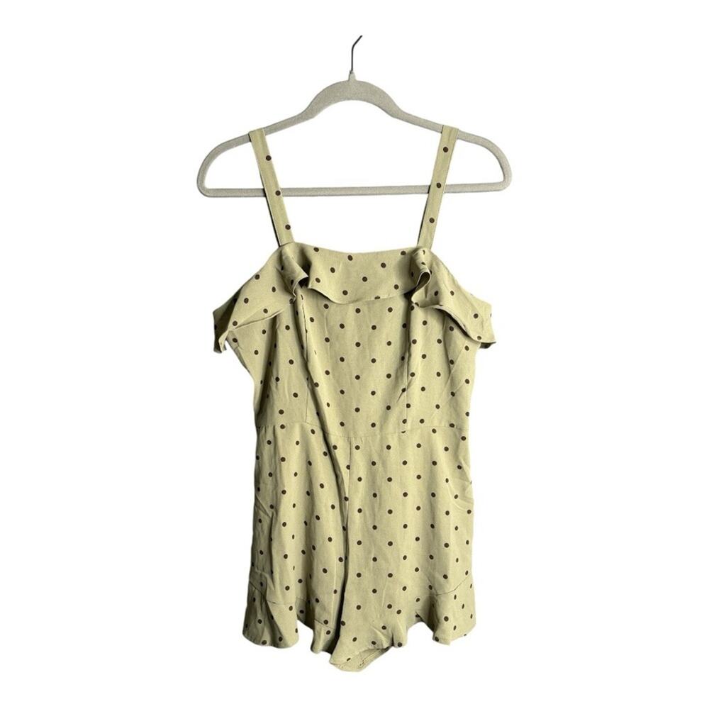She + Sky Olive Green Romper With Brown Polka Dot Ruffle Detail Medium